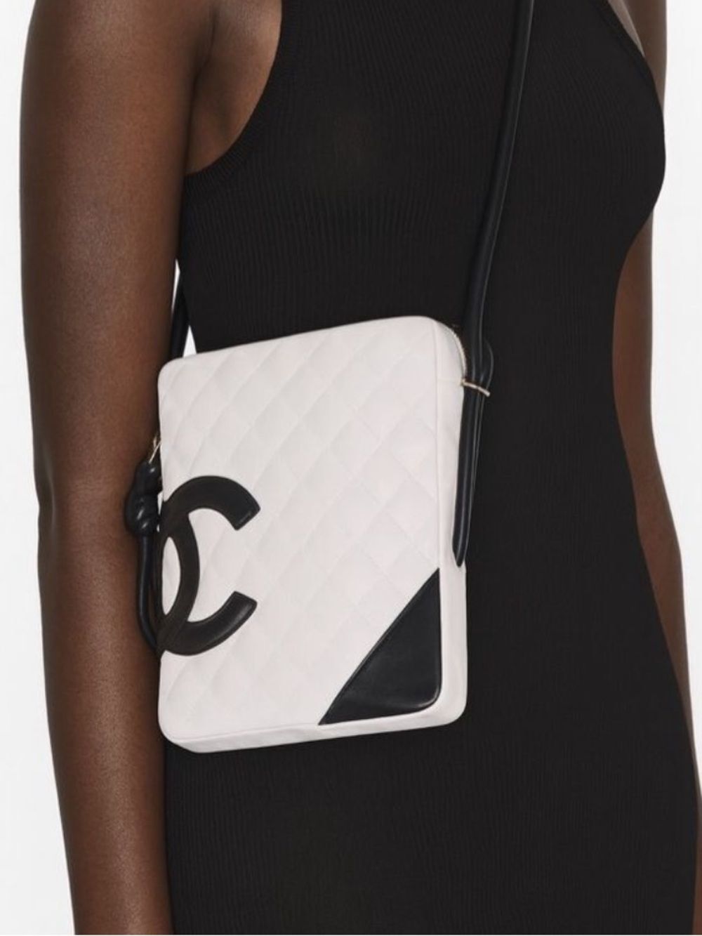 CHANEL Cambon Line White/Black CC Logo Leather Shoulder Bag